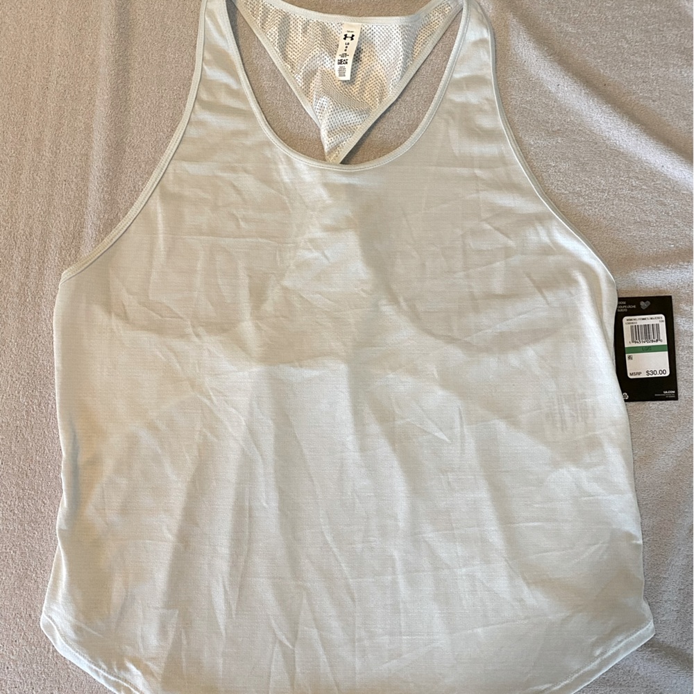 NWT white under armour heat gear twisted racerback tank top, size large.